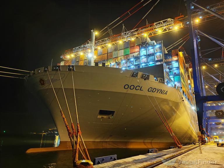 In a colour photograph by Marian Polytsiak the OOCL Gdynia is brightly lit by arc lights as it waits for its stacks of containers to be unloaded in port.