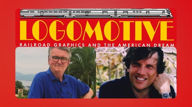 Colour portraits of Ian Logan and Jonathan Glancey are superimposed on the cover of their book Logomotive. 