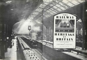 This black-and-white photograph depicts trains pulling in and out Liverpool Street Station, framed by its grand columns and iron rafters. On the right page is the title of the book.