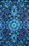 Printed on a tea towel in dark blue, light blue and black is Ian Logan’s Salome pattern, consisting of swirling flower, bud and scroll motifs.