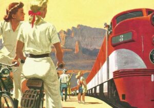 In this colourful advertisement for Southern Pacific’s ‘Golden State’ streamliner, two glamorous women on bikes look on as friends and families meet passengers arriving in California from as far away as Chicago.