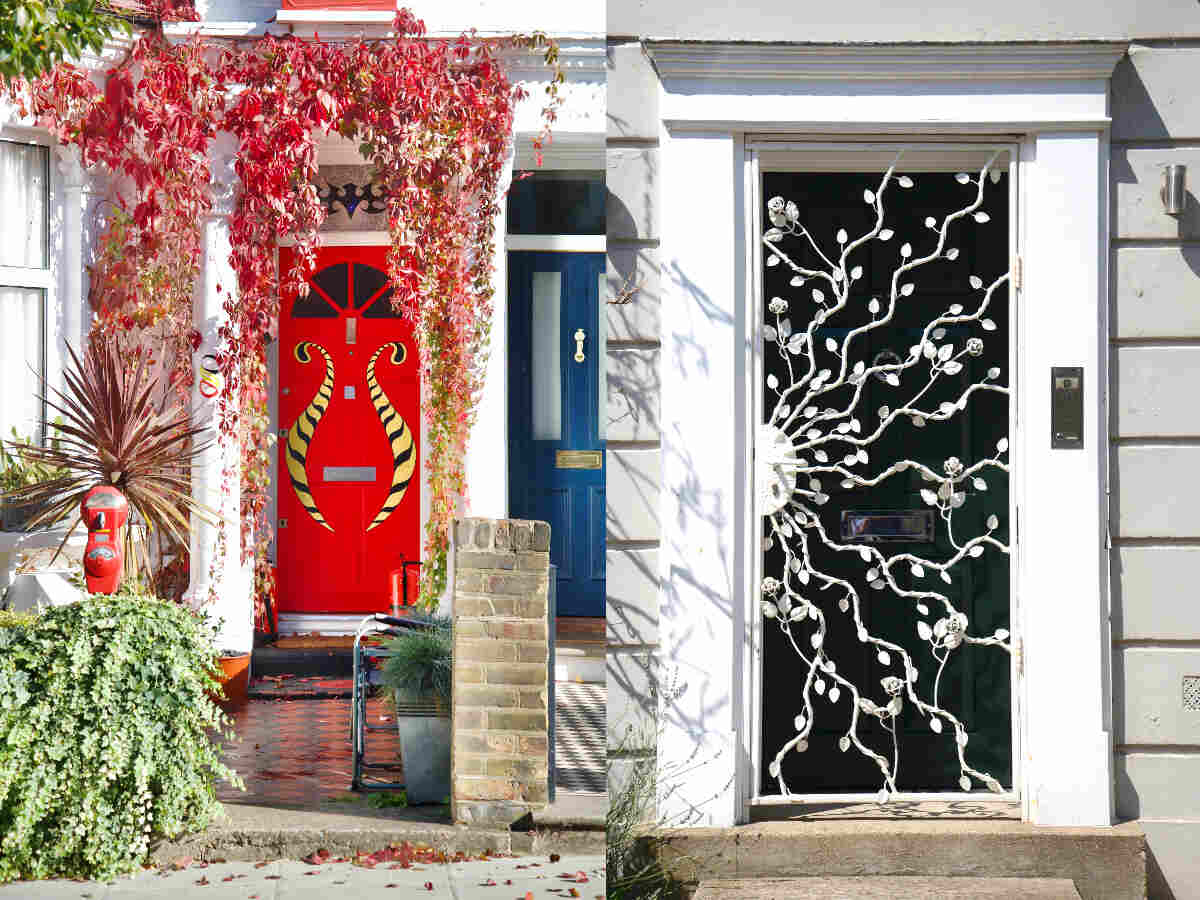 These photographs of two doors side by side were taken by Cath Harries. The door on the left is red with a gold pattern and red leaves hanging over it. The door on the right is black with white wrought-iron tendrils snaking across it and is bordered by white frame.