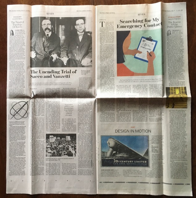 In this colour photograph of the open Wall Street Journal Review, Saturday/Sunday July 10-11, the bottom third of page 5 is filled by Peter Saenger’s feature on Logomotive: Railroad Graphics and the American Dream. 