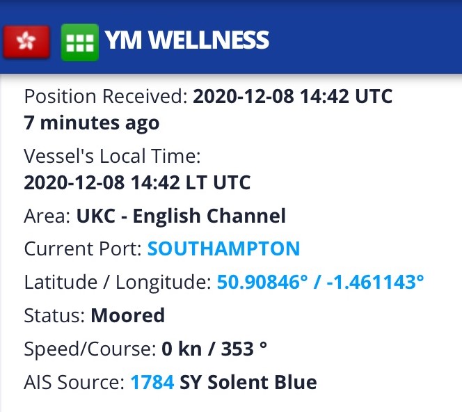 Screenshot of a page in the Marine Traffic website shows our ship has come in and is moored in the Port of Southampton.