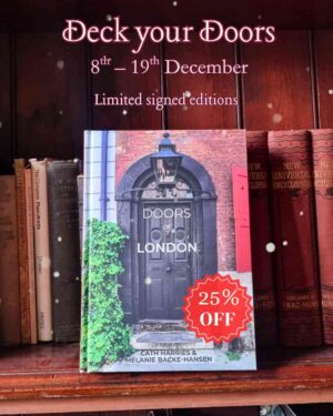 In this promotional graphic the book ‘Doors of London’ sits on a dark-wood bookshelf, with a lozenge specifying that the item is 25% off.
