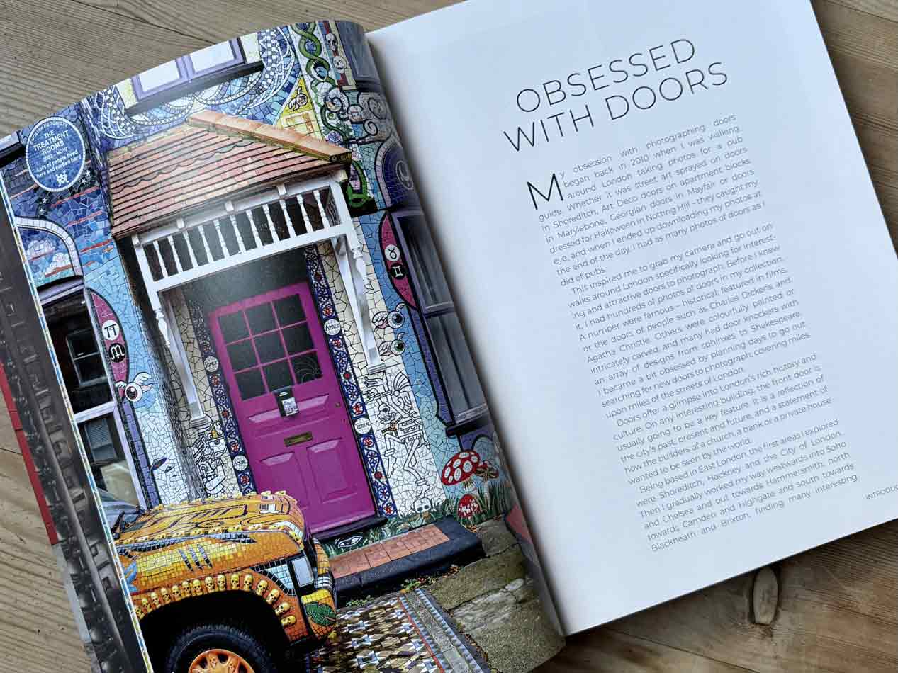 A double-page spread from ‘Doors of London’ features a full-page image of a colourful door and a column of text entitled Obsessed with Doors.