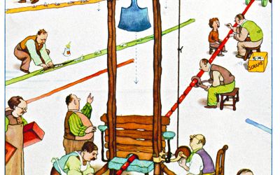 A Heath Robinson illustration in colour of men working on a production line at a Christmas cracker factory, inspiration for our cracking joke competition.