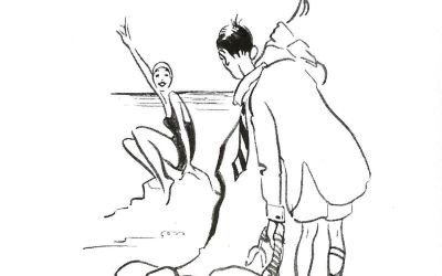 In a black-and-white line drawing, a maiden perched on as rock at the seaside spies a gentleman undressing for a swim and raises her arm to catch his attention.