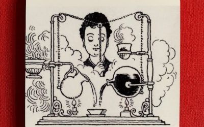 Photograph of a coaster, illustrated with the Super-De-Luxe Coffee Maker black and white line drawing and set against a red background.