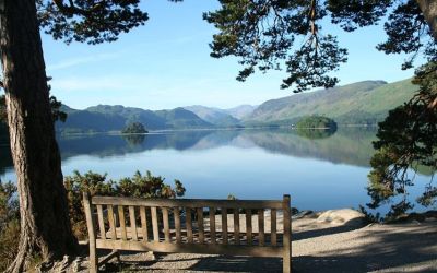 Photograph of Derwentwater with a bench on the shore.