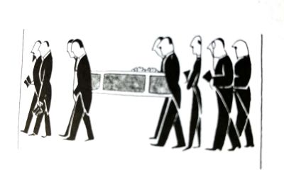 In a period line drawing, hatless funeral directors carry a coffin to a funeral service.