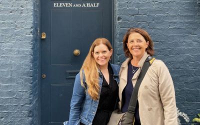 In this colour photograph taken by Maddy Fletcher of ‘The Mail on Sunday’ Cath Harries and Melanie Backe-Hansen pose in front of Eleven and a Half Fournier Street, Spitalfields.
