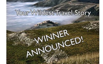 Photograph of Castellúccio Monte Vettore, overlaid with text announcing the winner's wild not to say shattering story.