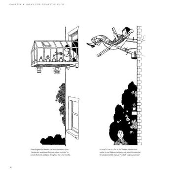 Two black-and-white sketches depicts a window-mounted greenhouse and a lady enjoying a book in a deckchair tied to the wall.