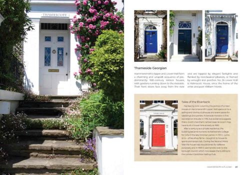 White, blue, black and red doors with elegant fanlights on Hammersmith’s Upper and Lower Mall illustrate features on Thameside Georgian and Tales of the Riverbank. 