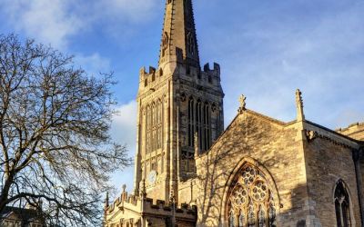 Colour photograph of St Peter’s Church in Oundle where Adam Hart-Davis will be talking about Heath Robinson.