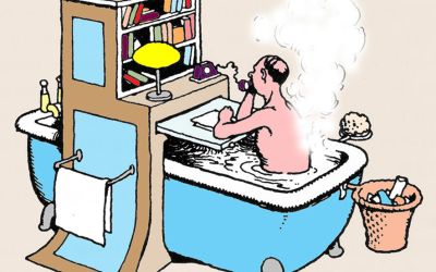 In a colour cartoon by William Heath Robinson, a man answers the phone from his bath desk.