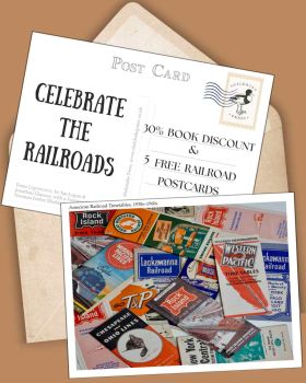 In this promotional graphic, vintage postcards display a collage of brightly coloured American railroad timetables dating from the 1930s to the 1960s and announce a book-and-cards to mark America’s 250th year.