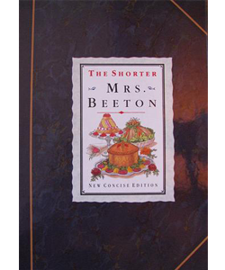 Image of front cover of The Shorter Mrs. Beeton, covered in a dark blue marbled jacket with quarter binding and a central white panel illustrated with pies and puddings.