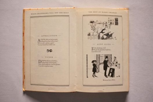 Pages 12- 13 of When Grandmama Fell Off the Boat, illustrated with heartless scenes. 