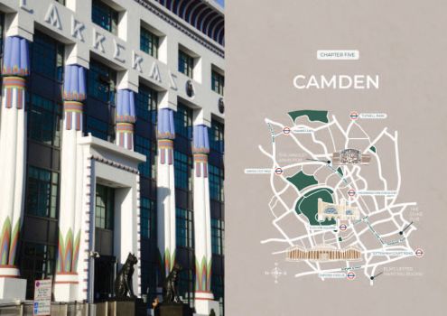 Chapter 5 in Doors of London opens with a sketch map of Camden and a full-page image of the former Carreras cigarette factory on Mornington Crescent, built in the ancient Egyptian style in the 1920s with colourful fluted columns and a main door guarded by two enormous bronze cats. 