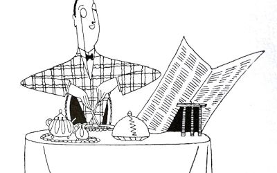 In this period line drawing, a gentleman wearing a monocle, check jacket and cravat eats a cooked break,fast while ready 'The Telegraph' propped up on his table with a three-legged stand.